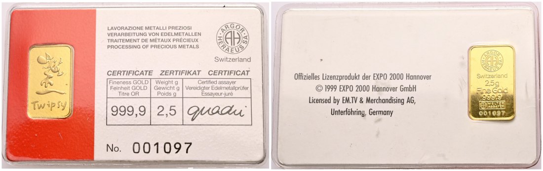 PEUS 2090 BRD / Schweiz 2,5 g Feingold. Argor-Heraeus. Twipsy - Maskottchen Expo 2000 in Hannover. Barren GOLD 2,5 g o.J. Uncirculated (eingeschweißt)