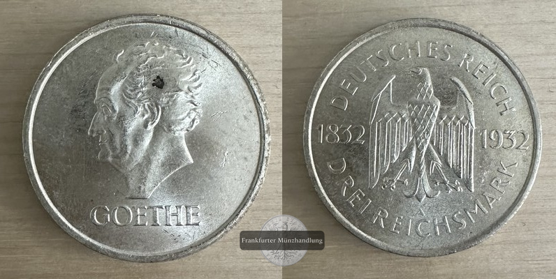  Weimarer Republik, 1919-1933.  3 Reichsmark 1932 A, Goethe.  FM-Frankfurt Feinsilber: 7,5g   