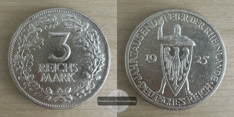  Weimarer Republik, 1919-1933. 3 Reichsmark 1925 A, Rheinland.  FM-Frankfurt  Feingewicht: 7,5g   