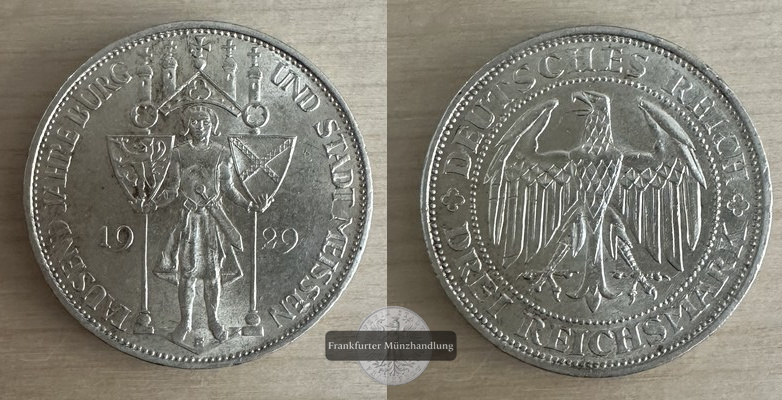  Weimarer Republik 3 Reichsmark 1929 E, Meissen J#338 KM#65 FM-Frankfurt Feinsilber: 7,5g   