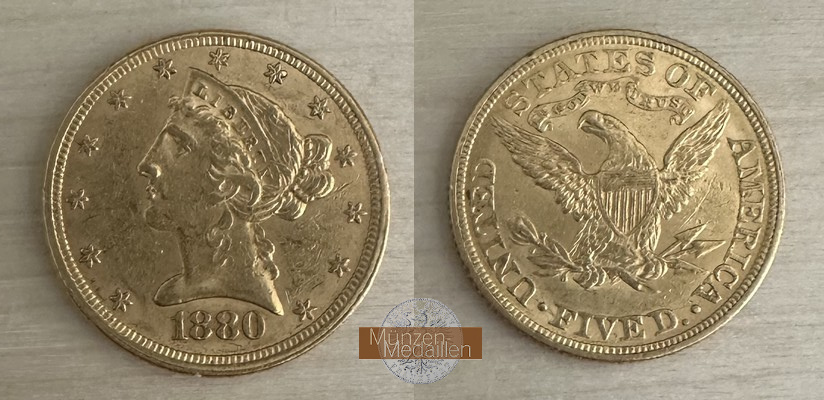 USA.  5 Dollar MM-Frankfurt   Feingold: 7,52g Half Eagle 1880 