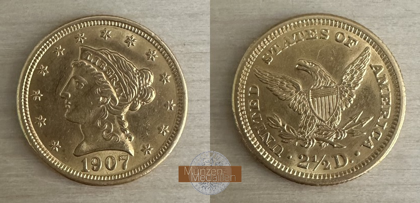 USA. 2 1/2 Dollar MM-Frankfurt Feingold: 3,76g Quarter Eagle Liberty Head 1907 