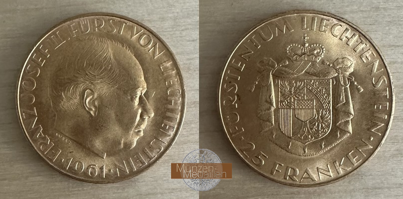 Liechtenstein MM-Frankfurt Feingewicht: 5,085g Gold 25 Franken Fürst Franz Josef II 1961 