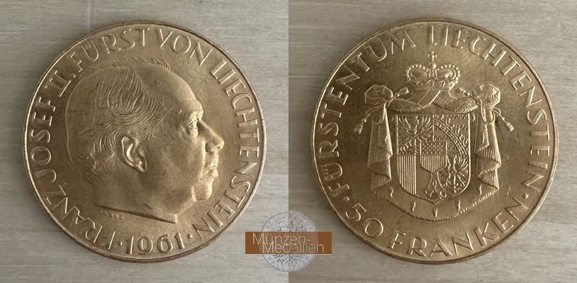 Liechtenstein MM-Frankfurt Feingewicht: 10,16g Gold 50 Franken Fürst Franz Josef II 1961 