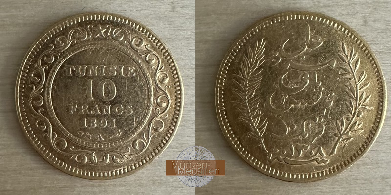 Tunesien, franz. Protektorat (1890-1957) MM-Frankfurt Feingewicht: 2,91g 10 Francs 1891 A 