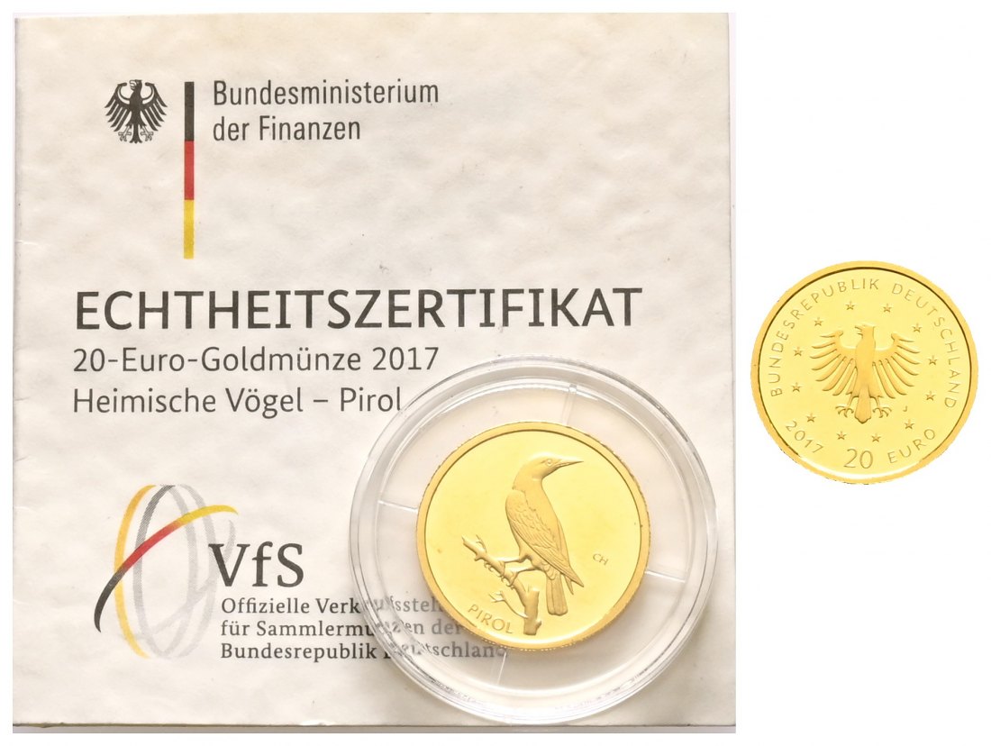 PEUS 2146 BRD 3,89 g Feingold. Heimische Vögel - Pirol  mit Zertifikat 20 Euro GOLD 2017 J Hamburg Stempelglanz (Kapsel)