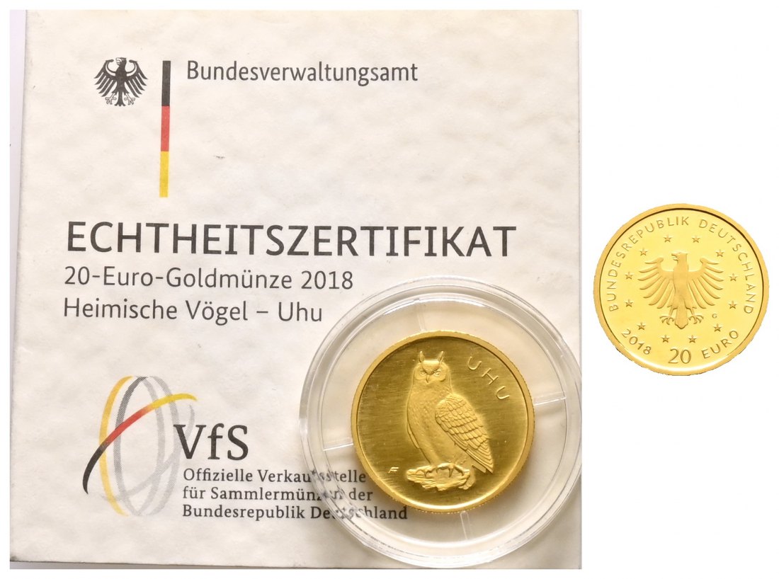 PEUS 2147 BRD 3,89 g Feingold. Heimische Vögel - Uhu incl. Zertifikat 20 Euro GOLD 2018 G Karlsruhe Stempelglanz (Originalkapsel)