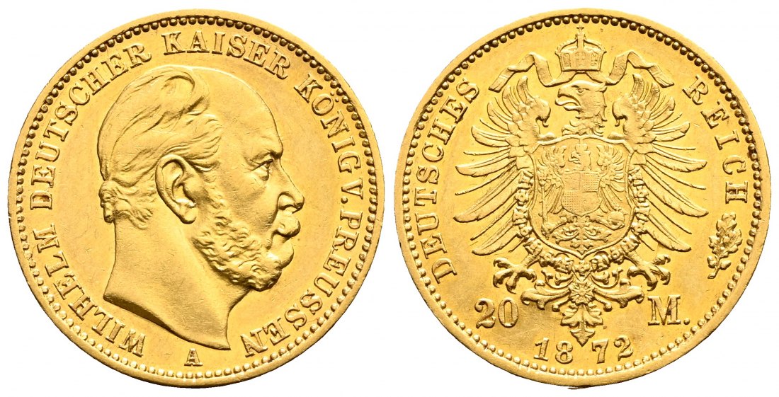 PEUS 2104 Kaiserreich - Preußen 7,16 g Feingold. Wilhelm I. (1861 - 1888) 20 Mark GOLD 1872 A Sehr schön