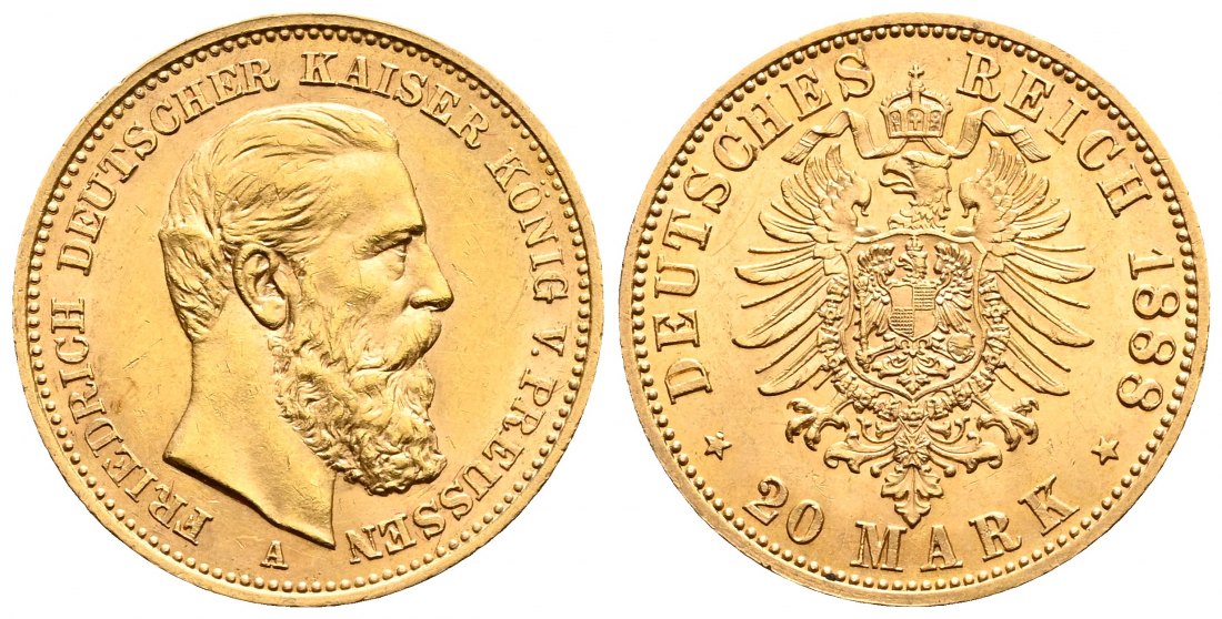 PEUS 2106 Kaiserreich - Preußen 7,16 g Feingold. Friedrich III. (09.03.- 15.06.1888) 20 Mark GOLD 1888 A Vorzüglich