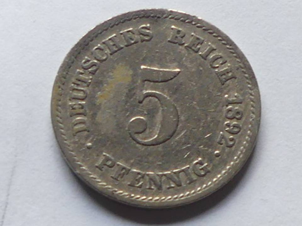  Deutschland Kaiserreich 5 Pfennig 1892 E, seltener Jahrgang   