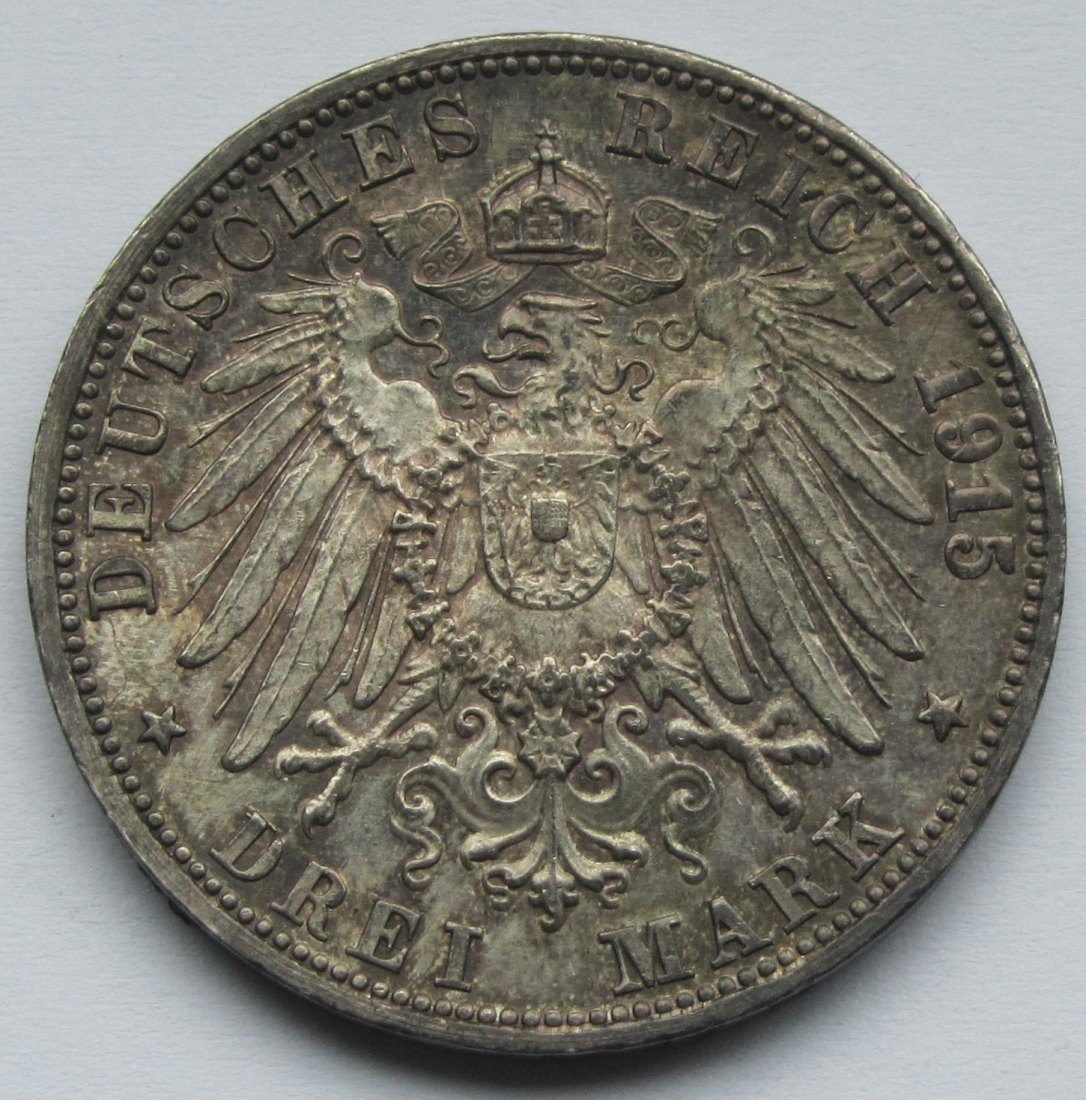  Kaiserreich: Baden, 3 Mark Friedrich II. (Jaeger 39), 1915, seltener Jahrgang   