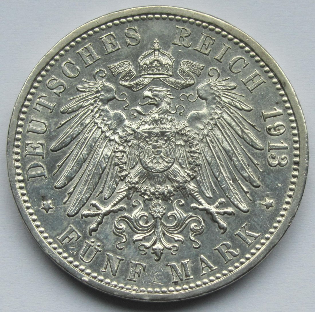  Kaiserreich: Baden, 5 Mark Friedrich II. (Jaeger 40), 1913   