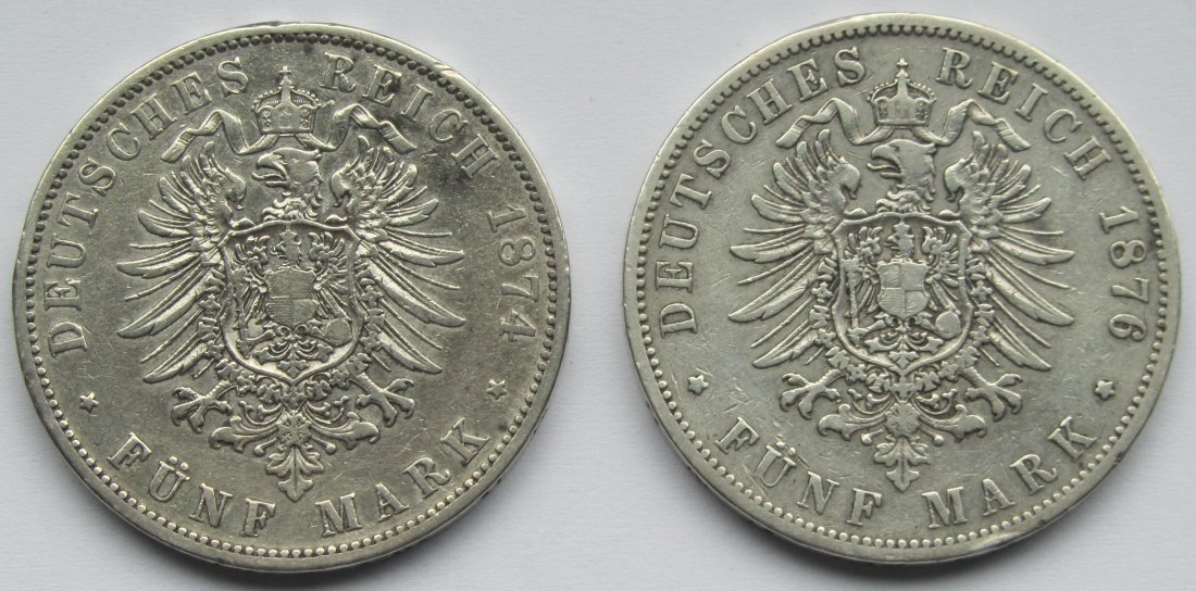  Kaiserreich: Preußen, 5 Mark Wilhelm I. (Jaeger 97), 2 Stück (1874 A + 1876 B)   