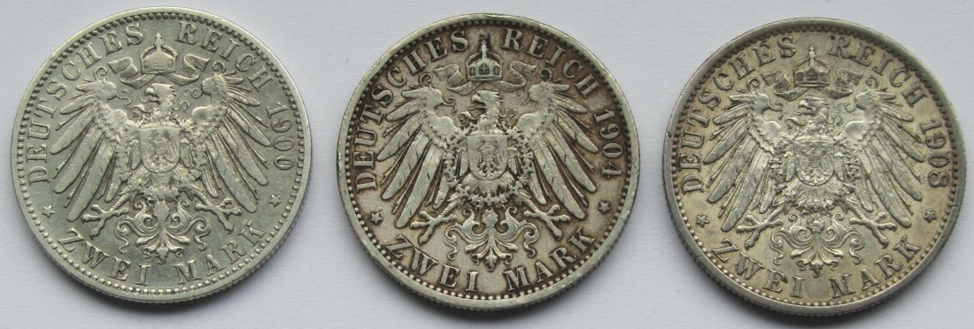  Kaiserreich: Preußen, 2 Mark Wilhelm II. (Jaeger 102), 3 Stück (1900 + 1904 + 1908)   