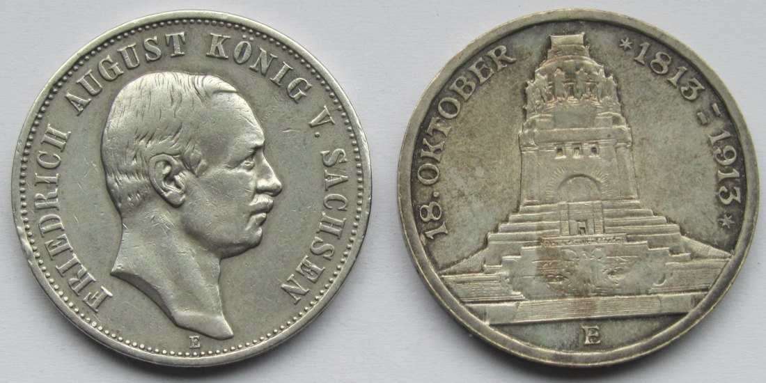  Kaiserreich: Sachsen, 3 Mark Friedrich August III. + Völkerschlachtdenkmal (Jaeger 135 + 140)   