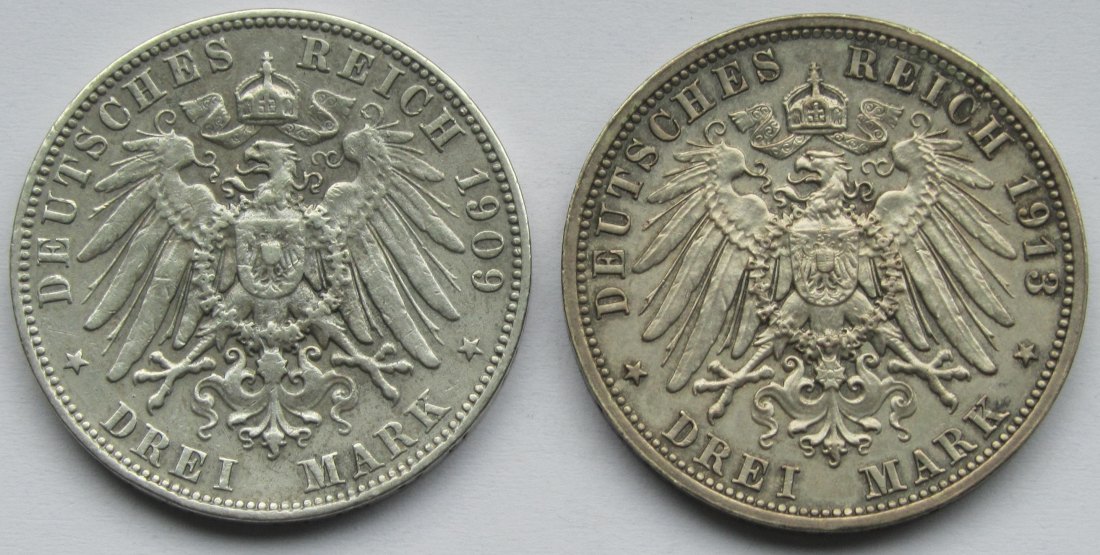  Kaiserreich: Sachsen, 3 Mark Friedrich August III. + Völkerschlachtdenkmal (Jaeger 135 + 140)   