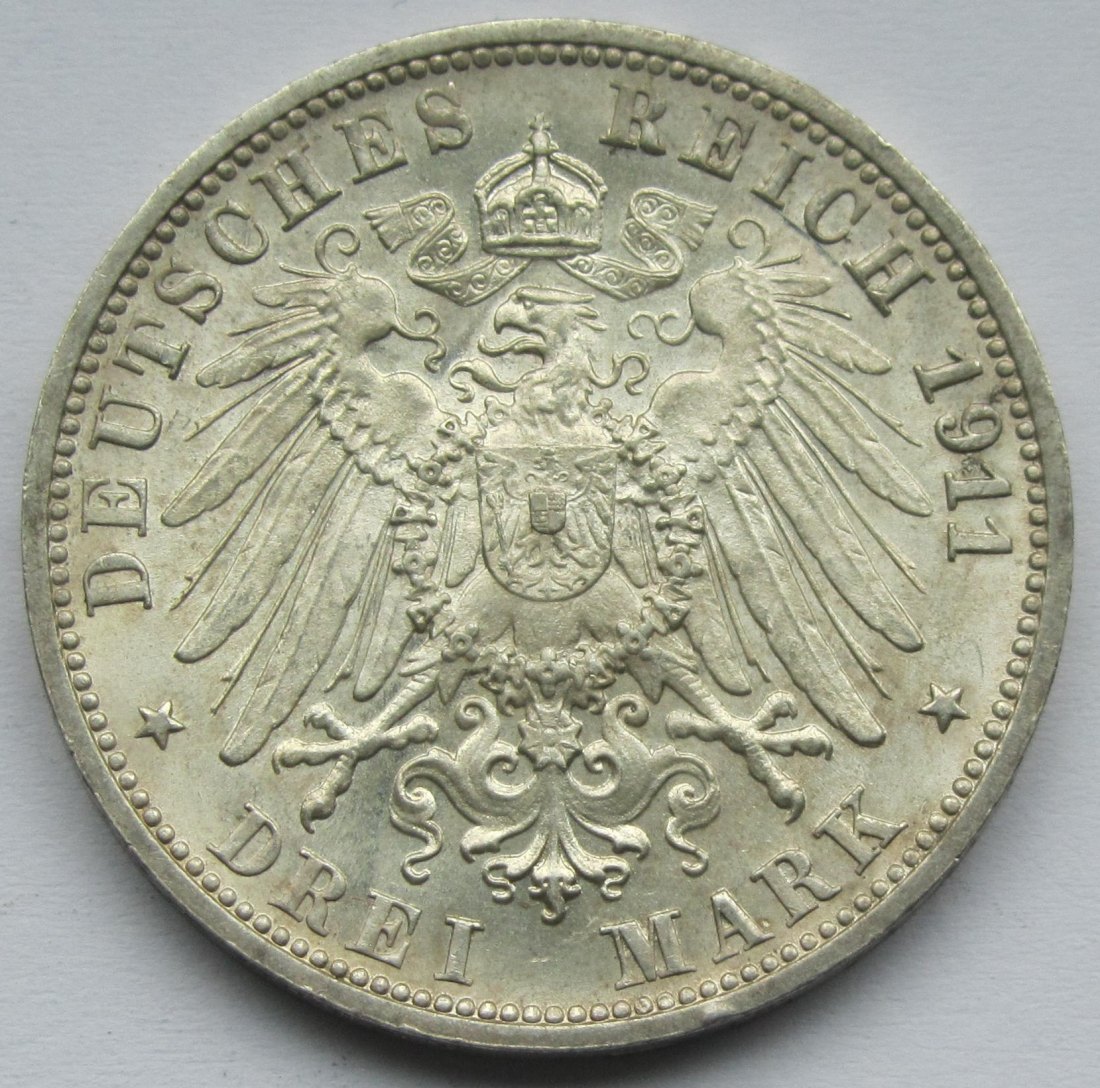  Kaiserreich: Württemberg, 3 Mark Silberne Hochzeit (Jaeger 177), 1911   