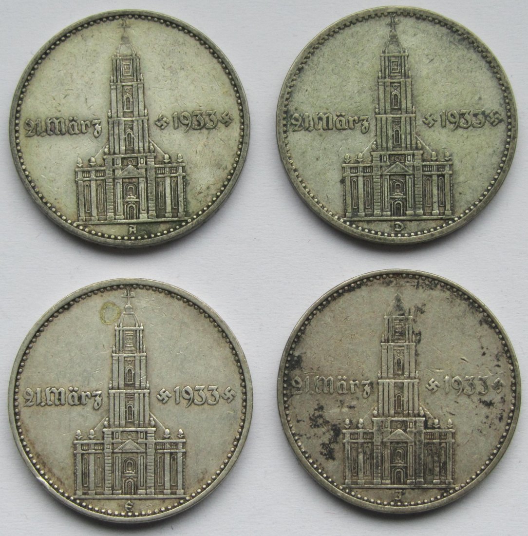  Deutsches Reich: 4 x 2 Mark Garnisonkirche mit Datum 1934 (A + D + E + J)   