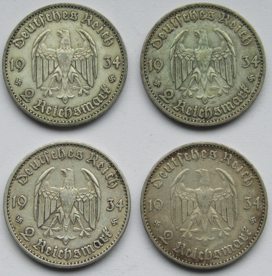  Deutsches Reich: 4 x 2 Mark Garnisonkirche mit Datum 1934 (A + D + E + J)   