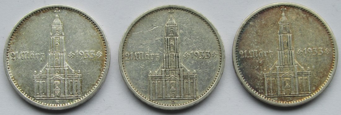  Deutsches Reich: 3 x 5 Mark Garnisonkirche mit Datum 1934 (A + D + J)   