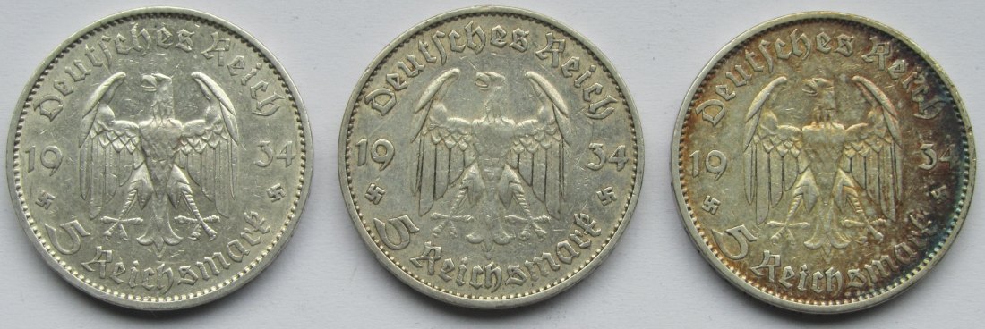  Deutsches Reich: 3 x 5 Mark Garnisonkirche mit Datum 1934 (A + D + J)   