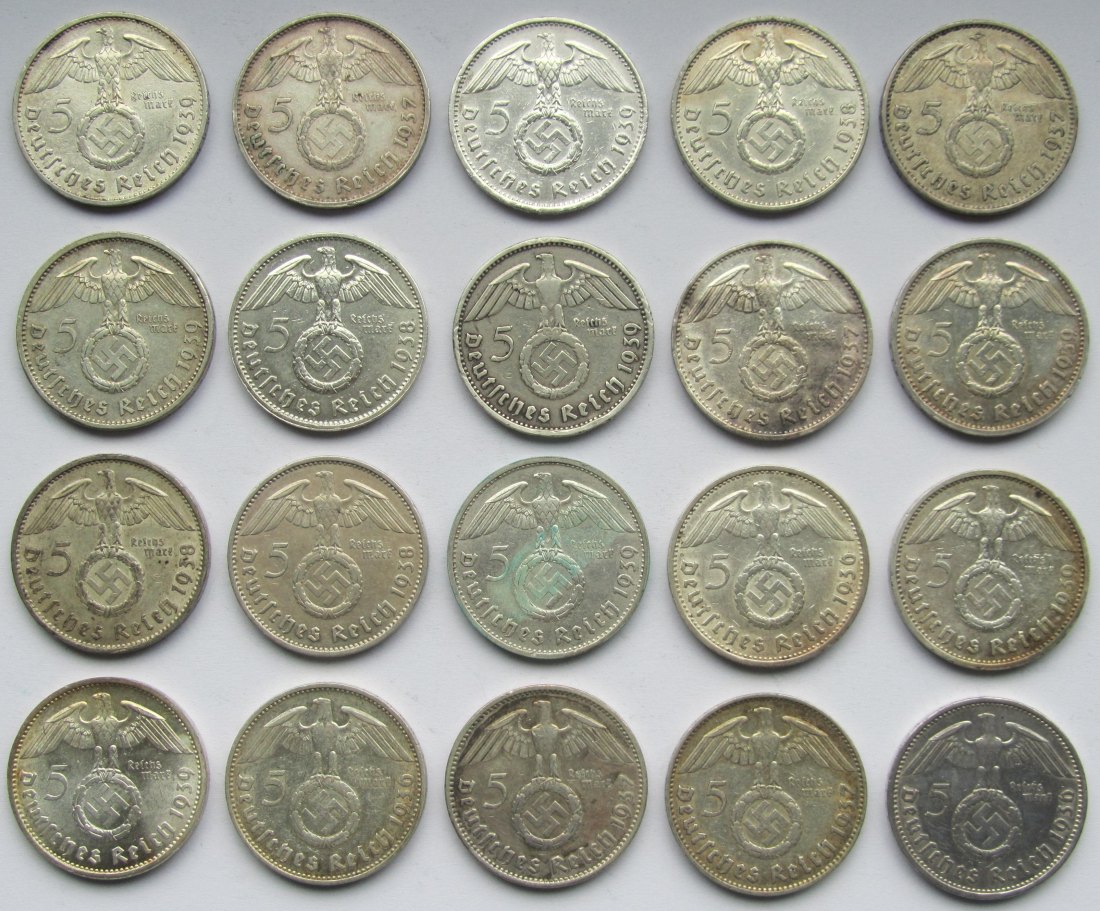  Deutsches Reich: 20 x 5 Mark Hindenburg, zusammen 250 g Feinsilber   