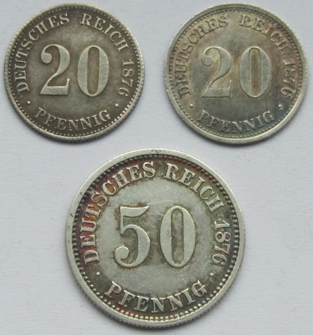  Kaiserreich: 2 x 20 Pfennig + 1 x 50 Pfennig, Top-Erhaltung   