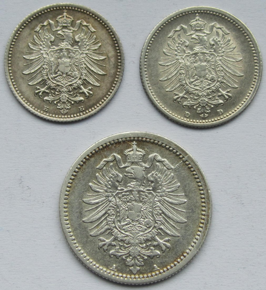  Kaiserreich: 2 x 20 Pfennig + 1 x 50 Pfennig, Top-Erhaltung   