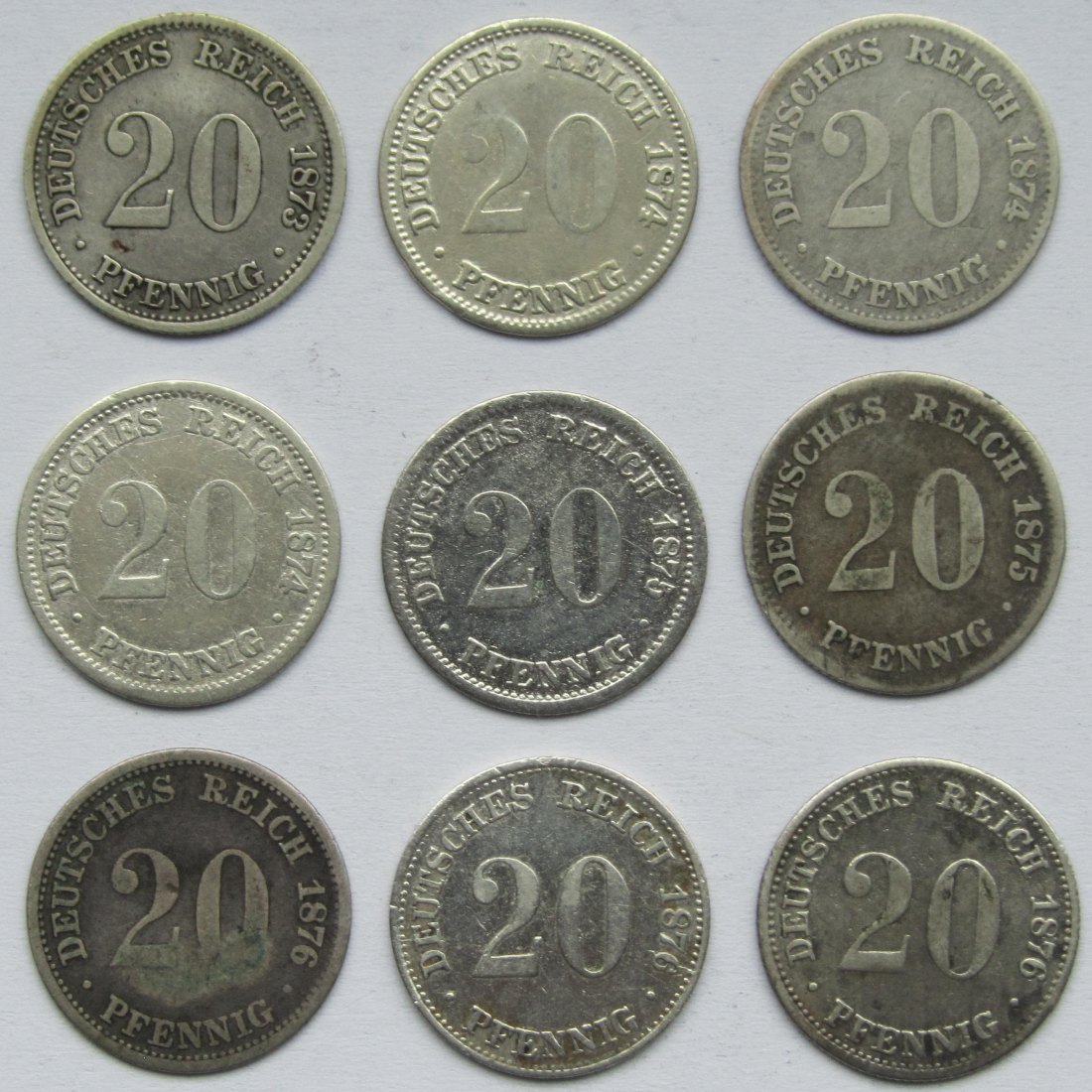  Kaiserreich: Neun verschiedene 20 Pfennig   