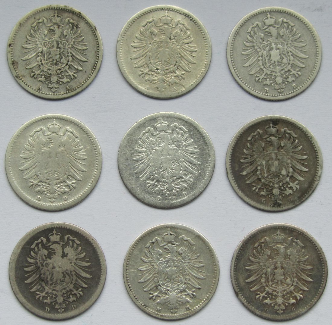  Kaiserreich: Neun verschiedene 20 Pfennig   