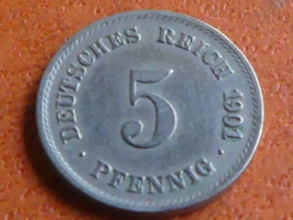  Deutschland Kaiserreich 5 Pfennig 1901 G, seltener Jahrgang.   