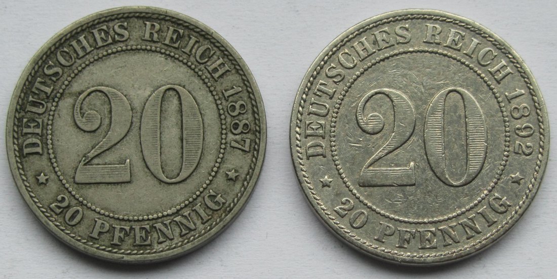  Kaiserreich: 2 x 20 Pfennig 1887 A + 1892 A   