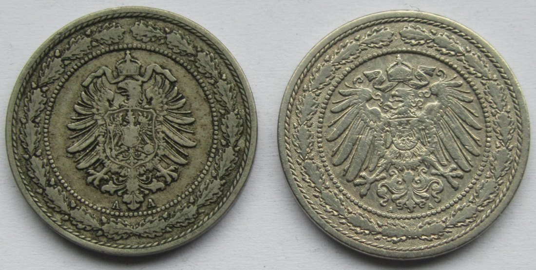  Kaiserreich: 2 x 20 Pfennig 1887 A + 1892 A   