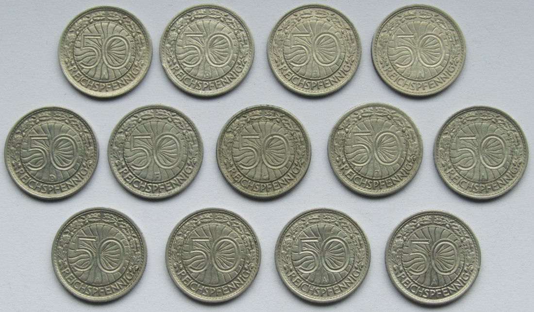  Weimarer Republik: 13 verschiedene 50 Pfennig Nickel   