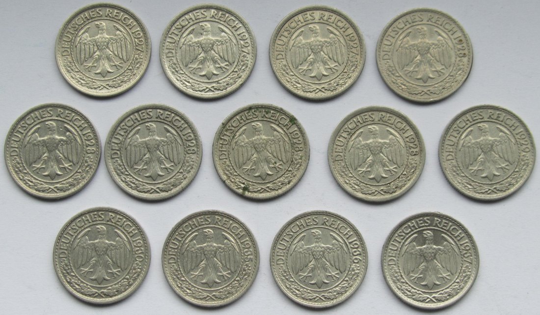  Weimarer Republik: 13 verschiedene 50 Pfennig Nickel   