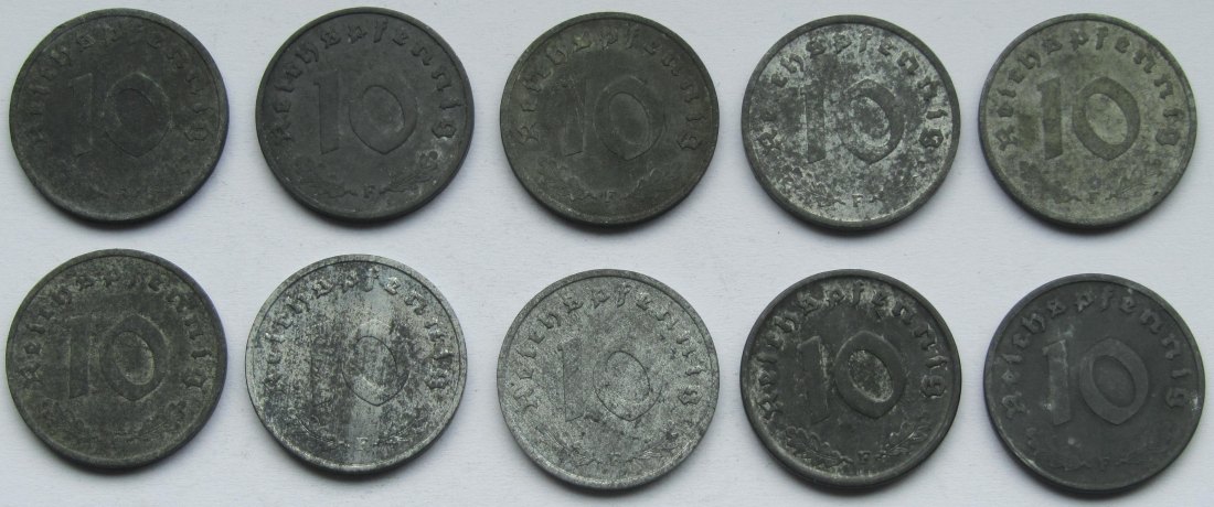  Alliierte Besatzung: 5 x 10 Pfennig 1945 F + 5 x 10 Pfennig 1947 F   