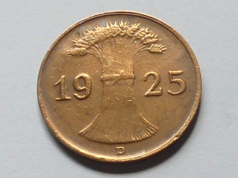  Deutschland Weimarer Republik 1 Pfennig 1925 D, seltener Jahrgang.   