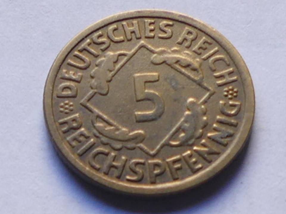  Deutschland Weimarer Republik 5 Pfennig 1924 F, seltener Jahrgang.   