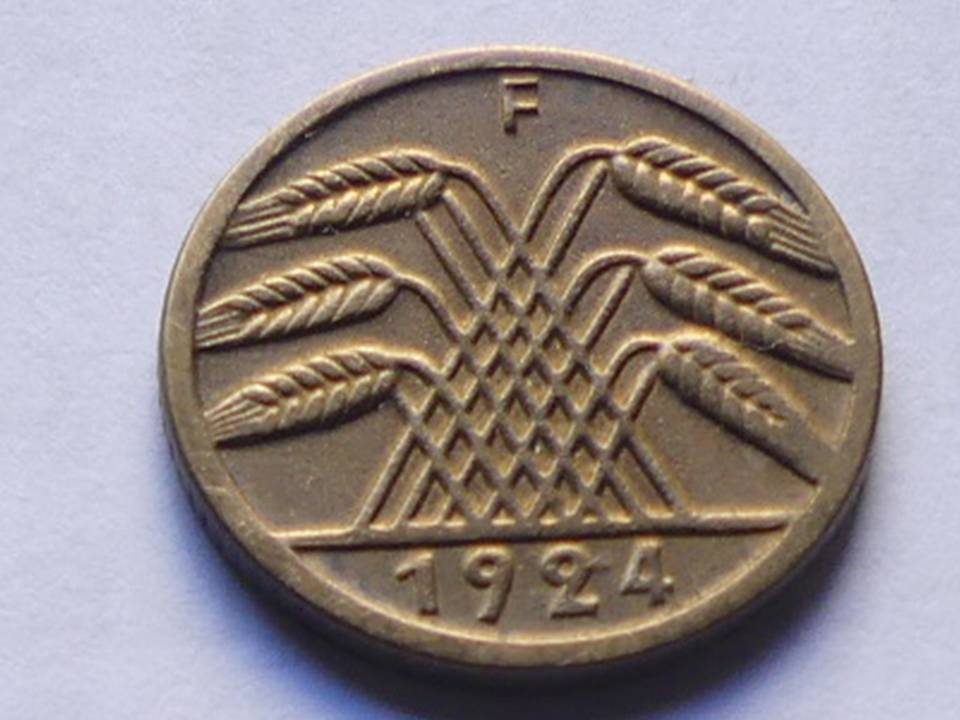  Deutschland Weimarer Republik 5 Pfennig 1924 F, seltener Jahrgang.   