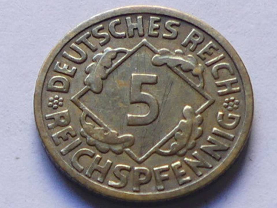  Deutschland Weimarer Republik 5 Pfennig 1926 F, seltener Jahrgang.   