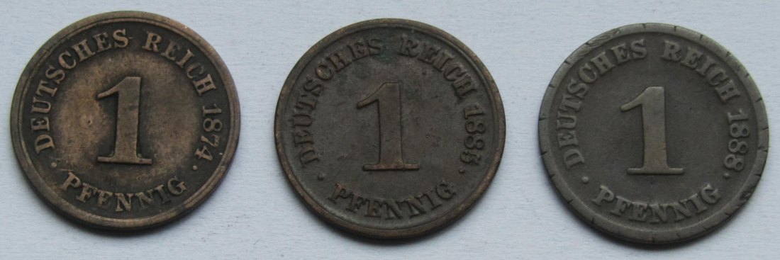  Kaiserreich: 3 x 1 Pfennig seltene Jahrgänge 1874 G + 1885 G + 1888 F   