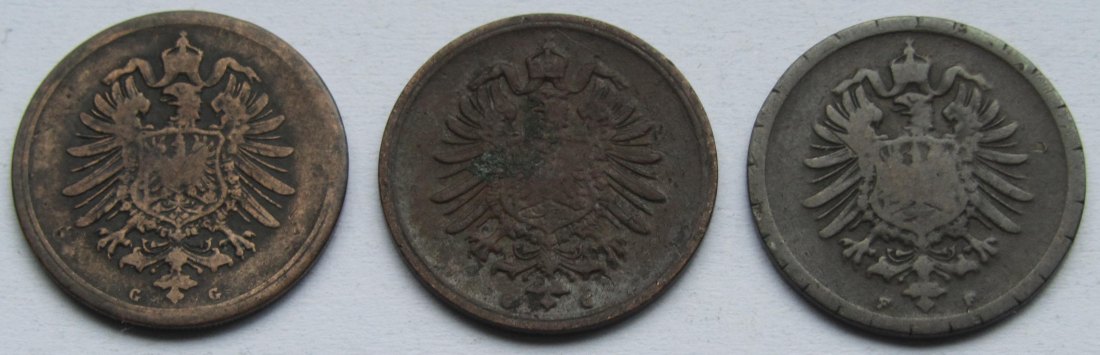  Kaiserreich: 3 x 1 Pfennig seltene Jahrgänge 1874 G + 1885 G + 1888 F   