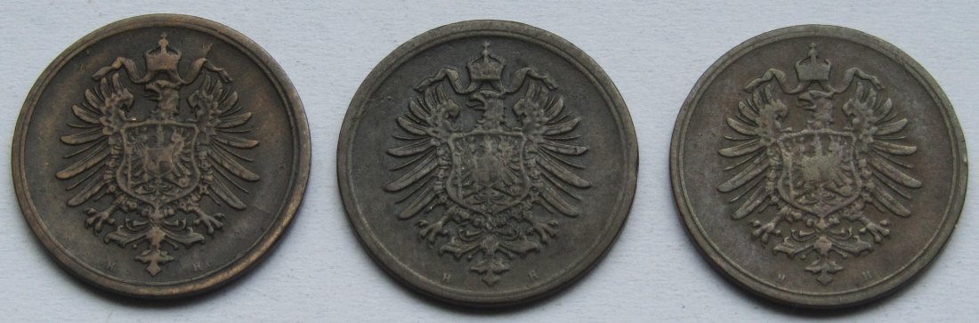  Kaiserreich: 3 x 1 Pfennig seltene Jahrgänge 1874 H + 1875 H + 1876 H   