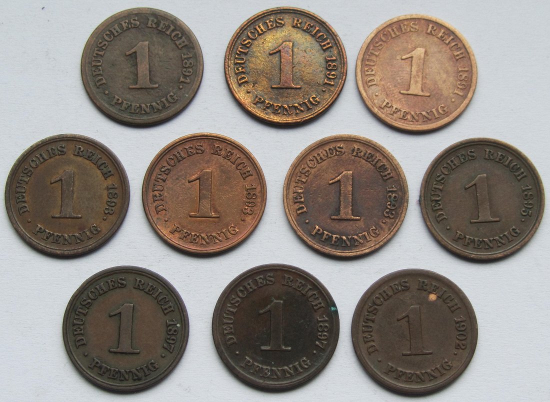  Kaiserreich: 10 x 1 Pfennig seltene Jahrgänge   