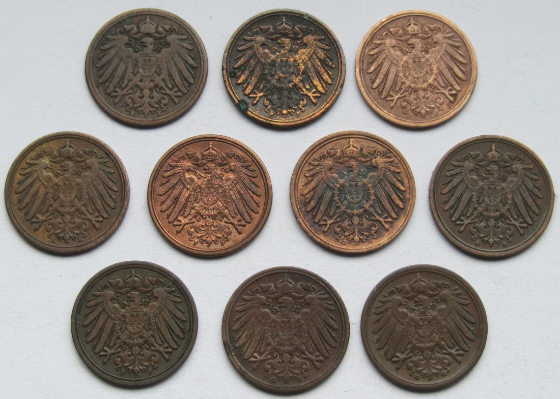  Kaiserreich: 10 x 1 Pfennig seltene Jahrgänge   