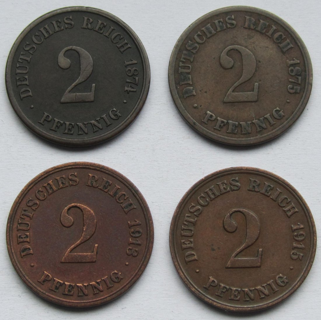  Kaiserreich: 4 x 2 Pfennig seltene Jahrgänge 1874 H + 1875 H + 1913 E + 1915 E   