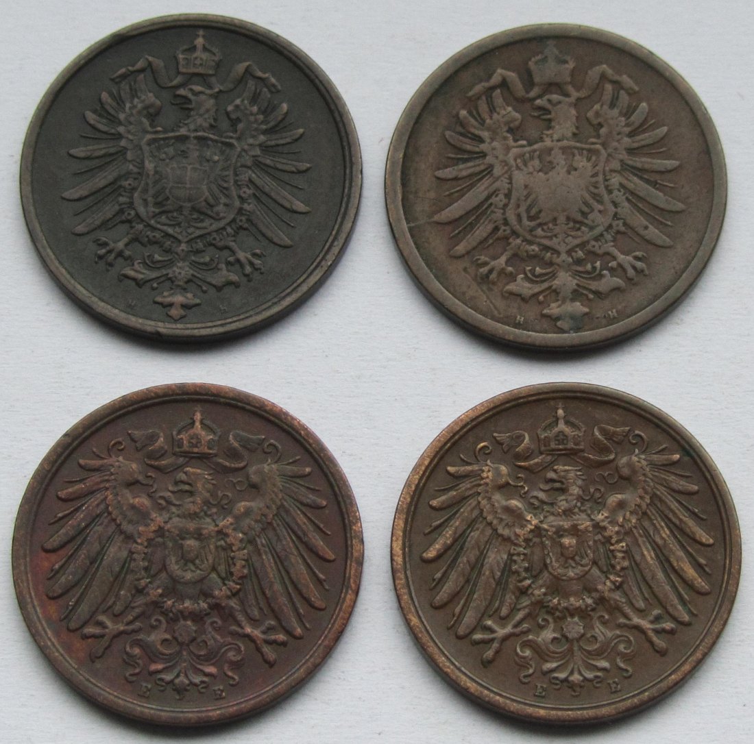  Kaiserreich: 4 x 2 Pfennig seltene Jahrgänge 1874 H + 1875 H + 1913 E + 1915 E   