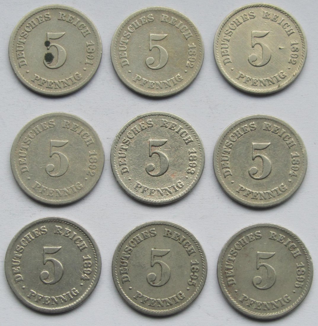  Kaiserreich: 9 x 5 Pfennig seltene Jahrgänge   