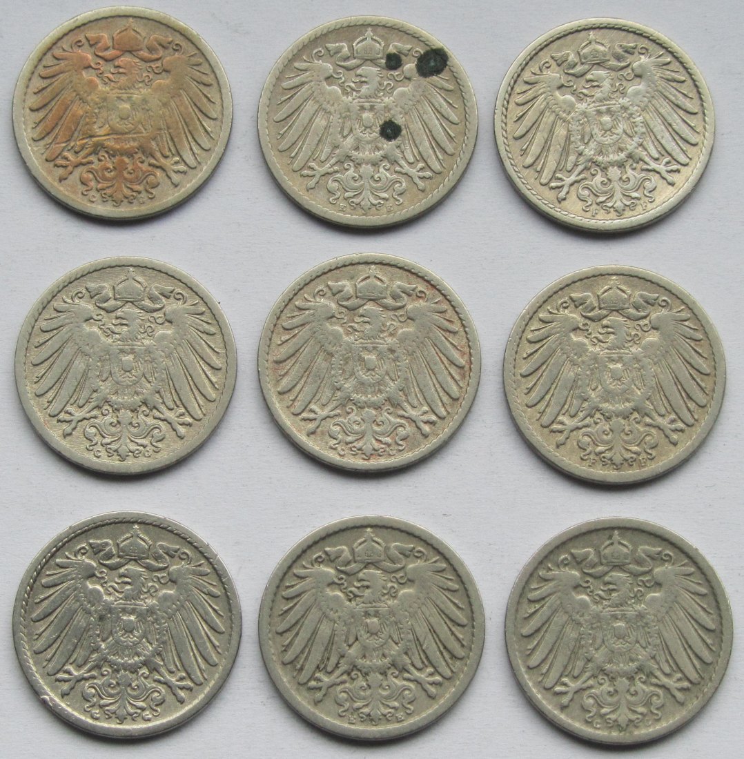  Kaiserreich: 9 x 5 Pfennig seltene Jahrgänge   