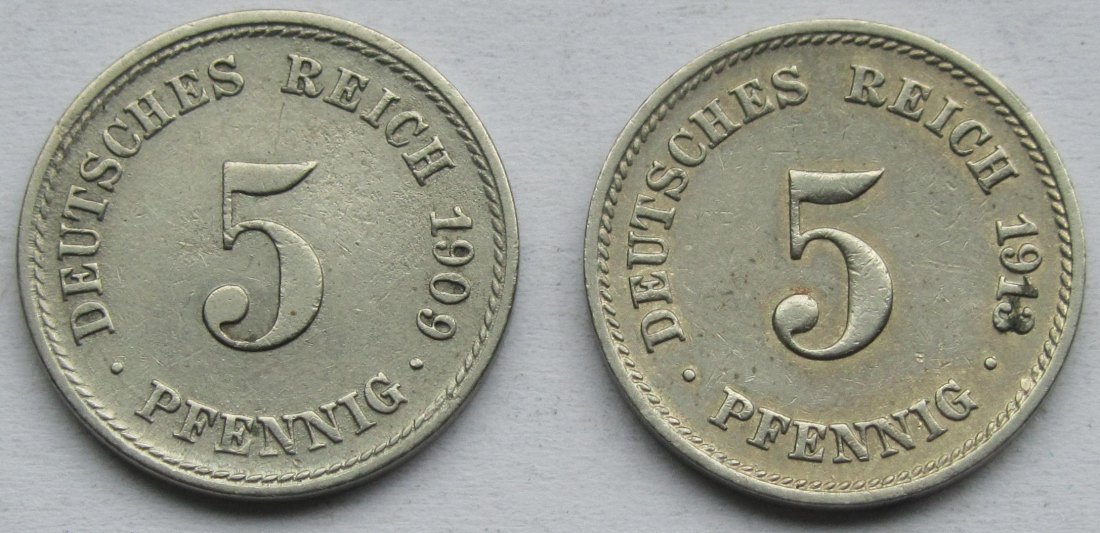  Kaiserreich: 5 Pfennig 1909 F + 1913 J   